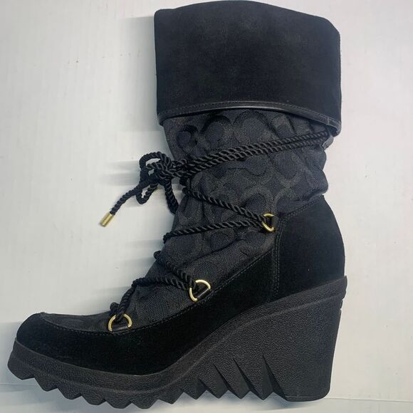 Coach Maisy Black Signature C Lace Up Wedge Boots size 8B - Picture 5 of 12